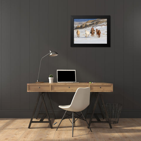 USA- Shell- Wyoming. Hideout Ranch cowboy riding and herding horses in snow.  Black Modern Wood Framed Art Print by Gulin, Darrell