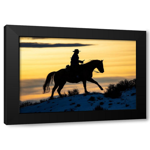 USA- Shell- Wyoming. Hideout Ranch cowgirl silhouetted on horseback at sunset.  Black Modern Wood Framed Art Print with Double Matting by Gulin, Darrell