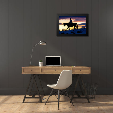 USA- Shell- Wyoming. Hideout Ranch cowboy on horseback silhouetted at sunset.  Black Modern Wood Framed Art Print by Gulin, Darrell