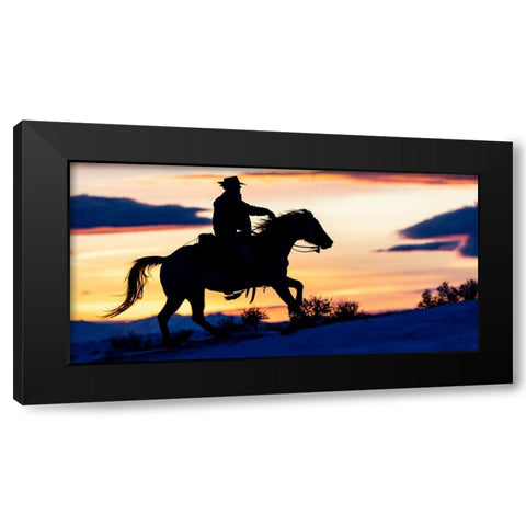 USA- Shell- Wyoming. Hideout Ranch cowgirl silhouetted on horseback at sunset.  Black Modern Wood Framed Art Print with Double Matting by Gulin, Darrell