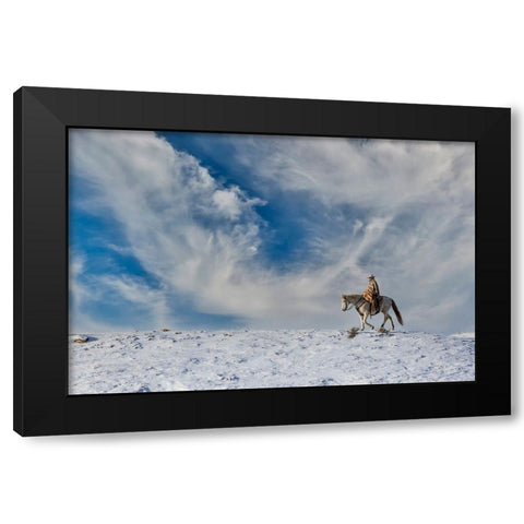 USA- Shell- Wyoming. Hideout Ranch cowgirl on horseback riding on ridgeline snow.  Black Modern Wood Framed Art Print with Double Matting by Gulin, Darrell