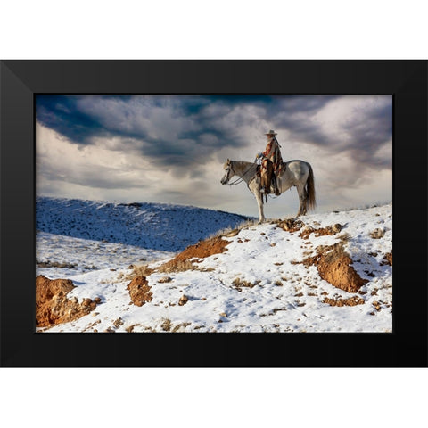 USA- Shell- Wyoming. Hideout Ranch cowgirl on horseback riding on ridgeline snow.  Black Modern Wood Framed Art Print by Gulin, Darrell