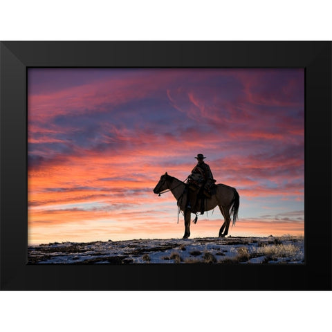 USA- Shell- Wyoming. Hideout Ranch cowgirl silhouetted on horseback at sunset.  Black Modern Wood Framed Art Print by Gulin, Darrell