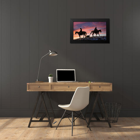 USA- Shell- Wyoming. Hideout Ranch cowgirls and dog silhouetted against sunsets sky.  Black Modern Wood Framed Art Print by Gulin, Darrell