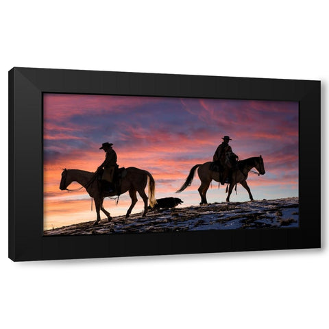 USA- Shell- Wyoming. Hideout Ranch cowgirls and dog silhouetted against sunsets sky.  Black Modern Wood Framed Art Print by Gulin, Darrell