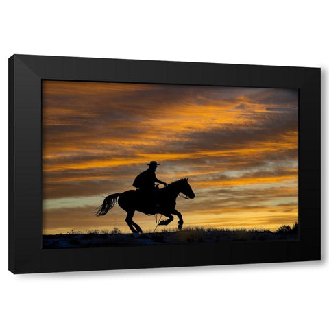 USA- Shell- Wyoming. Hideout Ranch cowgirl silhouetted on horseback at sunset.  Black Modern Wood Framed Art Print by Gulin, Darrell