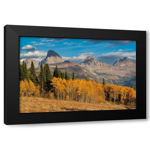 Landscape of Mt Owen-Grand Teton and Middle Teton from the west-golden fall foliage Black Modern Wood Framed Art Print by Garber, Howie