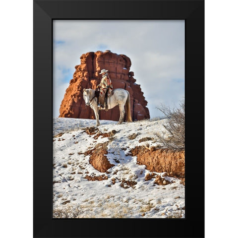 USA- Wyoming. Hideout Horse Ranch- wrangler on horseback in snow.  Black Modern Wood Framed Art Print by Looney, Hollice