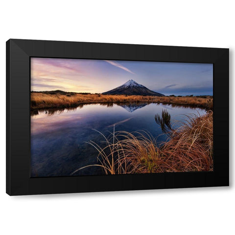 Mount Taranaki: Morning Breeze Black Modern Wood Framed Art Print with Double Matting by Zhang, Yan