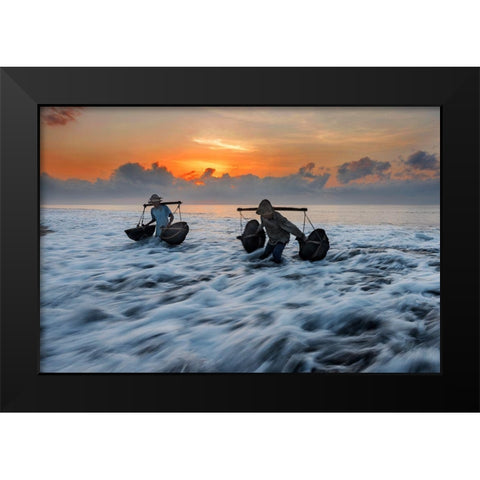 Collecting Seawater Black Modern Wood Framed Art Print by Raja, Pradeep