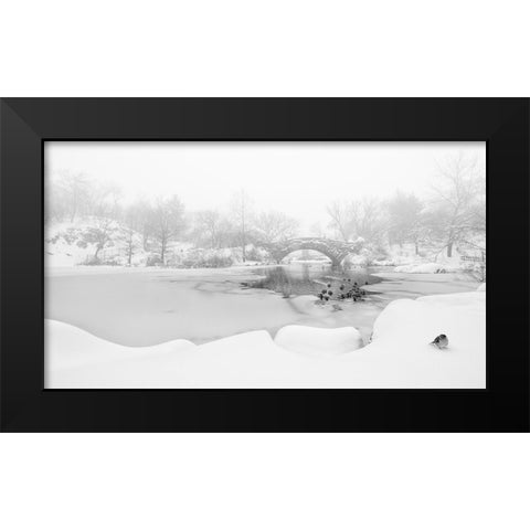 The first snow of central park Black Modern Wood Framed Art Print by Menghuailin