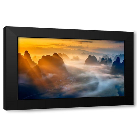 Yangshuo Sunrise Black Modern Wood Framed Art Print by Zhu, Hua