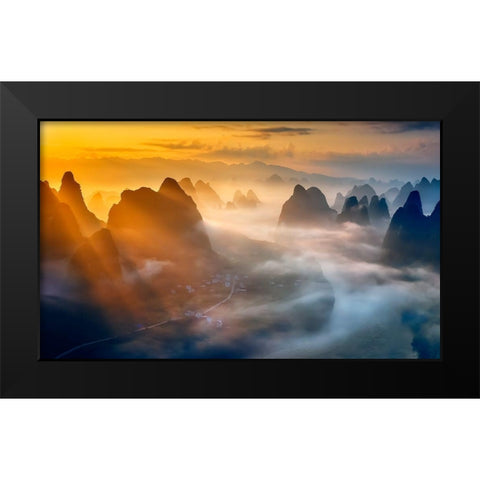 Yangshuo Sunrise Black Modern Wood Framed Art Print by Zhu, Hua