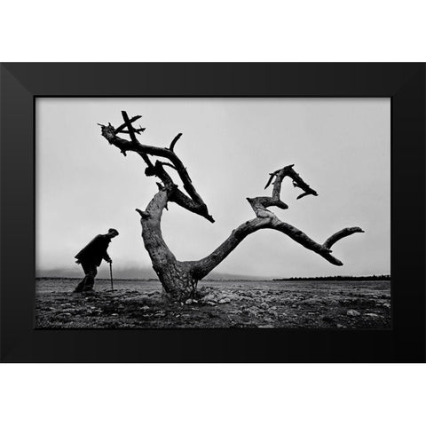 Old Man And Tree Black Modern Wood Framed Art Print by Tang, Wei
