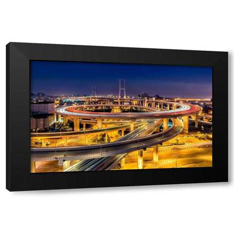 Nanpu Bridge Black Modern Wood Framed Art Print by Zhu, Hua