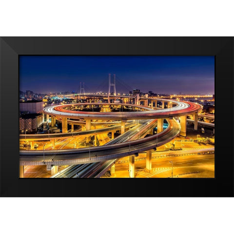 Nanpu Bridge Black Modern Wood Framed Art Print by Zhu, Hua