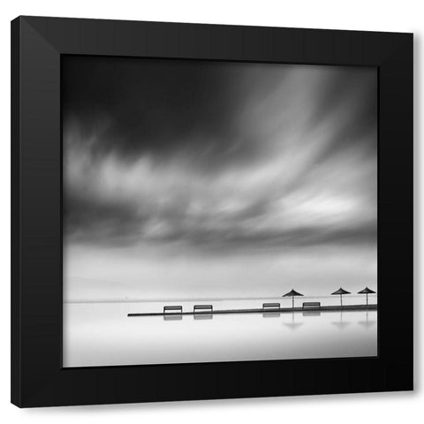 Four Benches And Three Umbrellas Black Modern Wood Framed Art Print with Double Matting by Digalakis, George