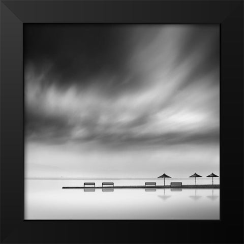 Four Benches And Three Umbrellas Black Modern Wood Framed Art Print by Digalakis, George