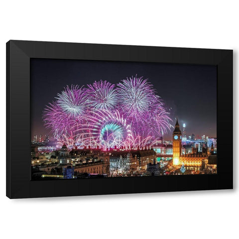 New Year Fireworks Black Modern Wood Framed Art Print with Double Matting by Marsden, Stewart