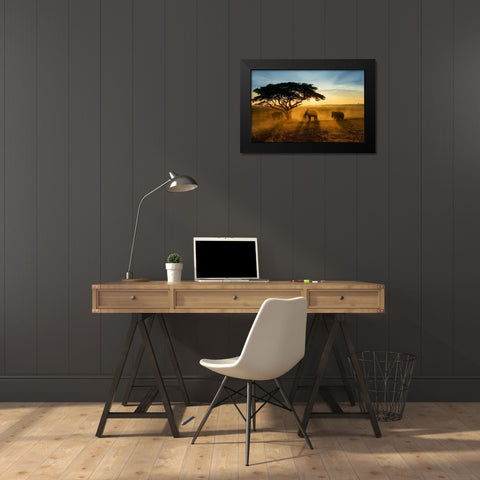 Morning Elephant Home Town Black Modern Wood Framed Art Print by Whanset, Saravut
