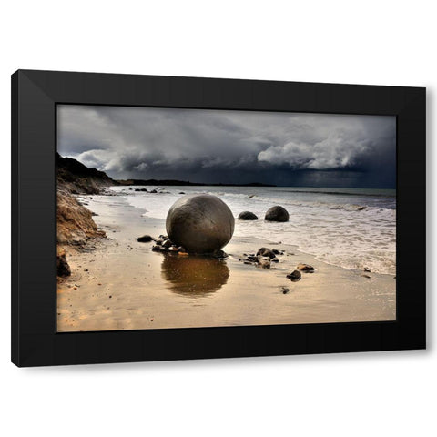 Moeraki Round Boulders Black Modern Wood Framed Art Print with Double Matting by Tzur, Yair