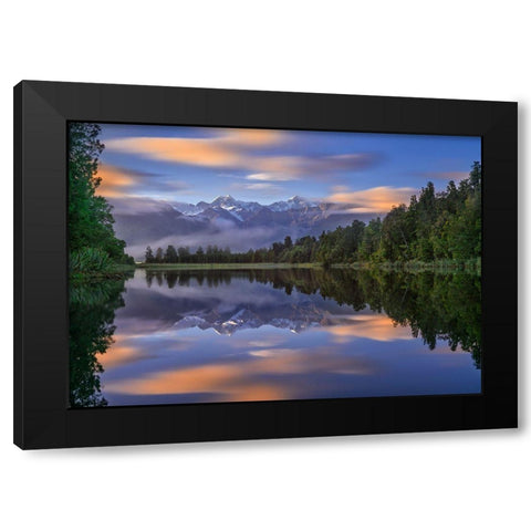 Lake Matheson Black Modern Wood Framed Art Print with Double Matting by Zhu, Hua