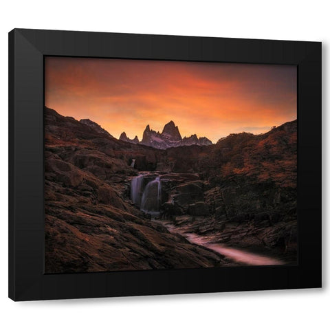 Waterfall Sunset Black Modern Wood Framed Art Print with Double Matting by Zhang, Yan