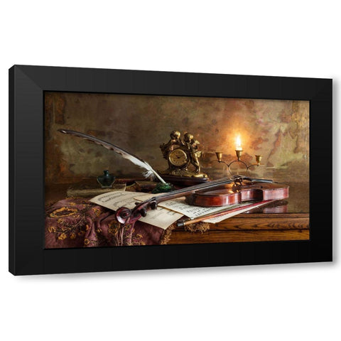 Still Life With Violin And Clock Black Modern Wood Framed Art Print by Morozov, Andrey