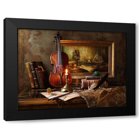 Still Life With Violin And Painting Black Modern Wood Framed Art Print with Double Matting by Morozov, Andrey