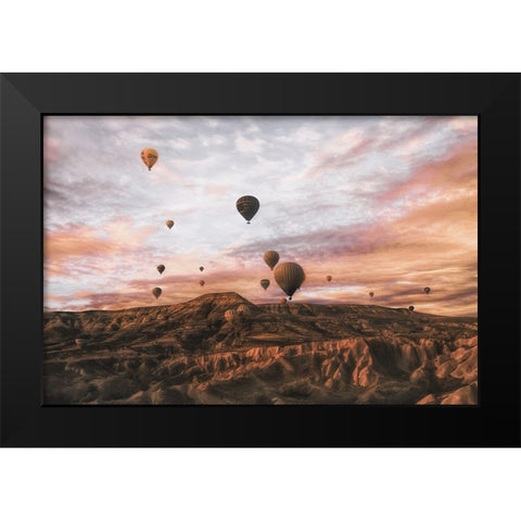Cappodocia Hot Air Balloon Black Modern Wood Framed Art Print by Yorgancilar, Ayse