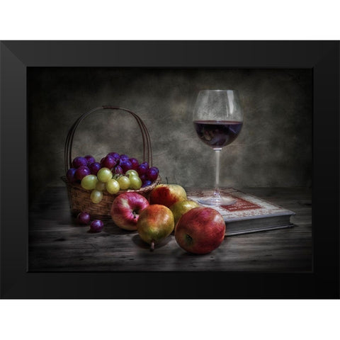 Wine-Fruit And Reading. Black Modern Wood Framed Art Print by Osuna, Fran