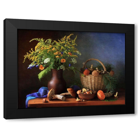 Still Life With Mushrooms And Bouquet Black Modern Wood Framed Art Print with Double Matting by Skorokhod, Tatyana