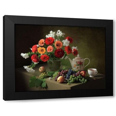 Still Life With A Bouquet Of Zinnias And Fruit Black Modern Wood Framed Art Print with Double Matting by Skorokhod, Tatyana