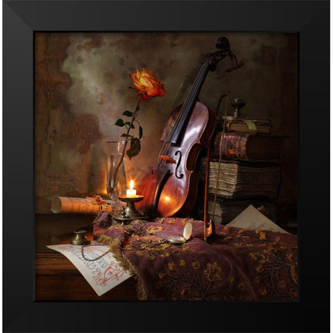 Still Life With Violin And Rose Black Modern Wood Framed Art Print by Morozov, Andrey