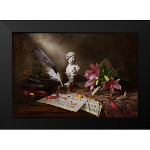 Still Life With Lily And Bust Black Modern Wood Framed Art Print by Morozov, Andrey