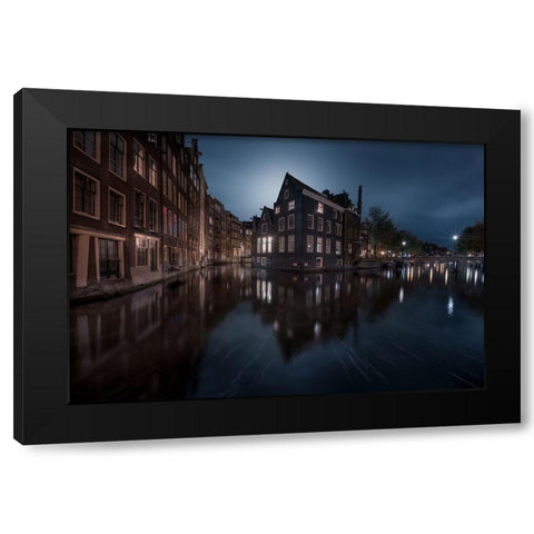 The House Under The Moonlight Black Modern Wood Framed Art Print with Double Matting by De La, Javier