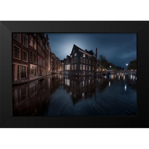 The House Under The Moonlight Black Modern Wood Framed Art Print by De La, Javier