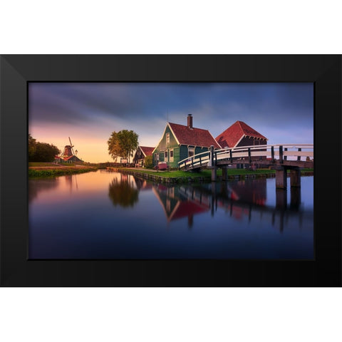 Zaanse Schans Green House Black Modern Wood Framed Art Print by M. Garcia, Jesus