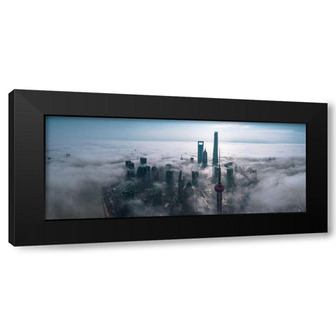 Shanghai In The Fog From Above Black Modern Wood Framed Art Print by Huang, Stan