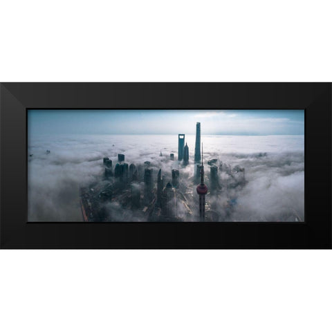 Shanghai In The Fog From Above Black Modern Wood Framed Art Print by Huang, Stan