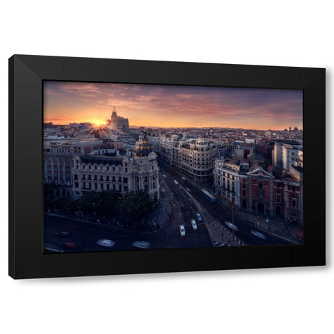 Madrid City Black Modern Wood Framed Art Print with Double Matting by Ferrero, Ivan