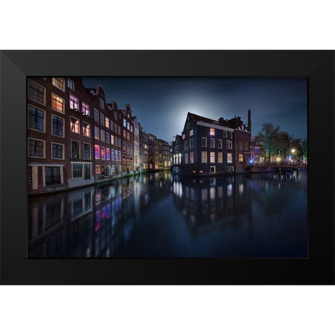 Moonlight Over Amsterdam Black Modern Wood Framed Art Print by M. Garcia, Jesus