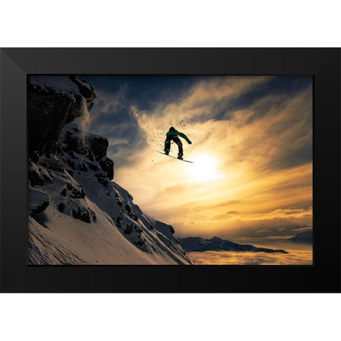 Sunset Snowboarding Black Modern Wood Framed Art Print by Sanne, Jakob