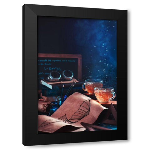 Steampunk Tea (With Goggles And Blueprints) Black Modern Wood Framed Art Print by Belenko, Dina