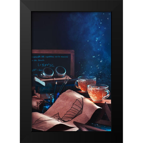 Steampunk Tea (With Goggles And Blueprints) Black Modern Wood Framed Art Print by Belenko, Dina