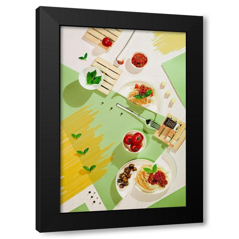 Suprematic Meal: Pasta With Tomato Sauce And Mushrooms Black Modern Wood Framed Art Print by Belenko, Dina