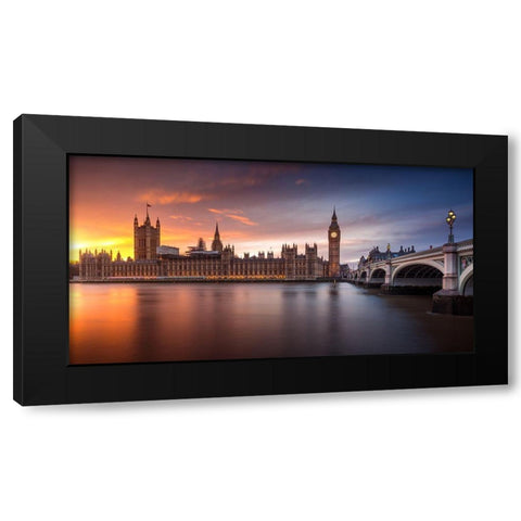 London Palace Of Westminster Sunset Black Modern Wood Framed Art Print with Double Matting by Meraki
