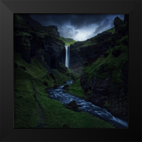 Kvernufoss Black Modern Wood Framed Art Print by Pablo De, Juan