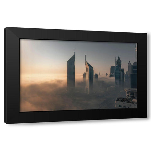 Fog Lockdown On The City Of Steel Black Modern Wood Framed Art Print by Huang, Stan