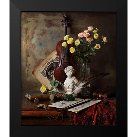 Still Life With Violin And Bust Black Modern Wood Framed Art Print by Morozov, Andrey